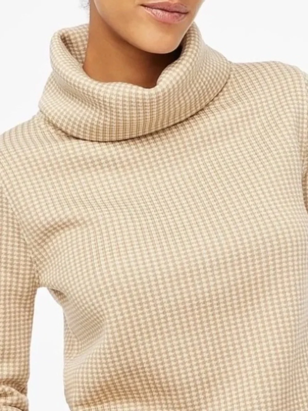 J. CREW Houndstooth Funnel Neck Sweater Camel Cream Pullover Cozy Size XXL
